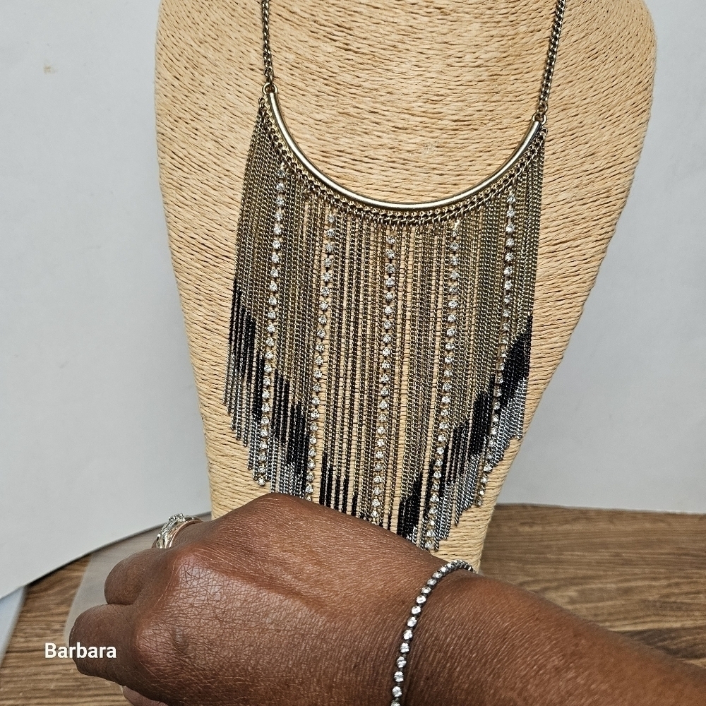 Cascading Tri-Color Metal with Rhinestone Accents Fringe Necklace & Bracelet